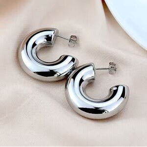 Large Hollow Silver Shine Balloon Half Arc Crescent Earrings